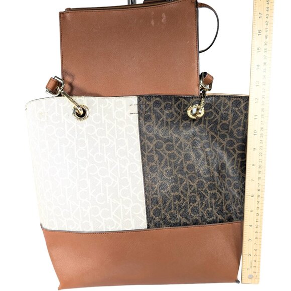 Calvin Klein Signature Sonoma Brown White Colorblock Tote w/Brow Zip Wristlet - Picture 3 of 10